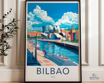 May include: A colorful illustration of the Guggenheim Museum Bilbao, a modern art museum in Bilbao, Spain. The museum is located on the Nervión River and is surrounded by water. The sky is blue with white clouds. The text "Bilbao, Spain" is at the bottom of the image.