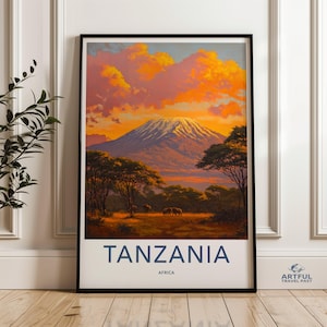 Tanzania Africa Wall Art, Kilimanjaro Sunset Landscape Poster, African Safari Decor, Nature Photography Print, Wildlife Artwork