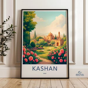 Kashan Iran wall art, travel poster, rose garden print, Persian city landscape, floral scenery, Middle Eastern decor