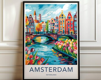 Colorful Amsterdam Wall Art, Cityscape Print, Netherlands Poster, Vibrant Home Decor, Tulip Flowers Landscape, Artistic Wall Decor