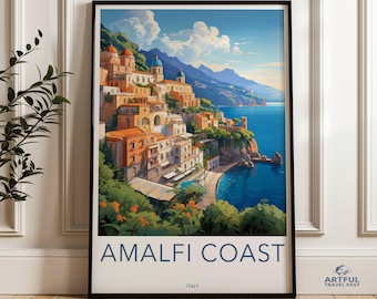 Amalfi Coast Italy Travel Poster, Coastal Wall Art, Italian Scenic Landscape, Mediterranean Decor, Retro Print, Vintage Style