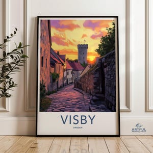 Visby Sweden Wall Art, Scandinavian Sunset Street Scene, Historic Town Print, Nordic Home Decor, Colorful Architecture
