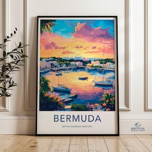 Bermuda Sunset Wall Art, Tropical Landscape Print, Coastal Decor, Nautical Seaside Artwork, Island Harbor Scene, Travel Poster