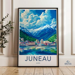 Juneau Alaska Wall Art Print, Beautiful Mountain and City Landscape Poster, Blue Skies and Clouds, Perfect for Home Decor
