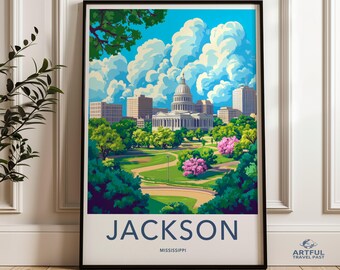 Jackson Mississippi wall art, Jackson skyline print, Mississippi capitol artwork, Jackson cityscape poster, colorful Jackson decor