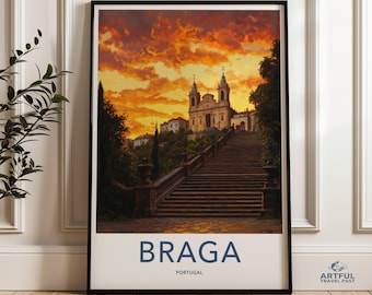 May include: A vintage travel poster featuring a painting of a church with a staircase leading up to it. The church is set against a backdrop of a sunset sky with orange and yellow clouds. The text "BRAGA PORTUGAL" is printed at the bottom of the poster.