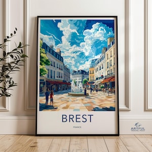 Arte de parede em Brest, França, decoração de parede com paisagem urbana, impressão de viagem à França, arte de parede europeia, cena de fonte urbana, impressão de arte moderna, decoração para casa
