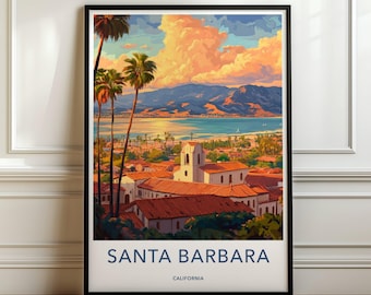 Santa Barbara Wall Art, California Print, Travel Poster, Cityscape Painting, Palm Trees, Beach Scene, Church Artwork, Coastal Decor, Home