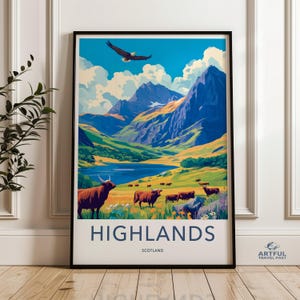 Highlands Scotland Wall Art, Highland Cow Print, Scottish Landscape Poster, Mountain and Lake Scene, Nature Art Decor