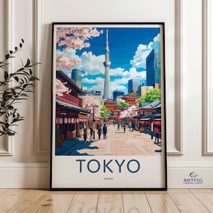 Tokyo Japan Skyline Wall Art, Cherry Blossoms Cityscape Print, Modern Urban Decor, Vibrant City Illustration, Travel Poster