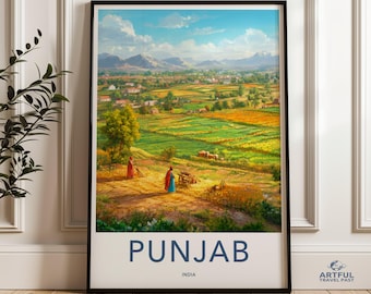 Punjab India Wall Art, Village Scene Painting, Indian Culture Art Print, Rural Landscape Art, Farm Field, Home Decor, Travel Poster, Wall