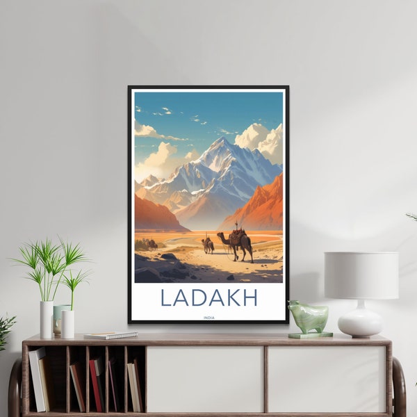 Rural Ladakh India Camel Trek Mountain Landscape Poster, Vintage Style Wall Art, Travel Home Decor, Adventurous Scenery Print, Gift Idea