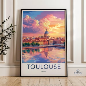 Toulouse Skyline Wall Art, France Cityscape Print, Colorful Sunset Illustration, Travel Poster, European City Wall Decor