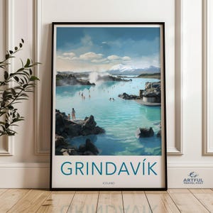Stampa artistica da parete Grindavik, Islanda, poster per piscina termale, arredamento da viaggio scandinavo, opera d'arte con paesaggi nordici, arredamento per la casa in stile costiero