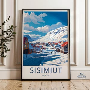 Sisimiut Greenland Wall Art, Travel Poster, Arctic Landscape Print, Winter Village Scene, Nordic Home Decor, Scenic Snowy Mountains