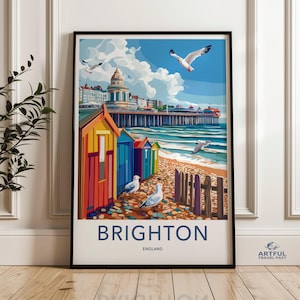 Brighton England Wall Art, Brighton Beach Huts Print, Seaside Poster, Coastal Decor, Seagulls Artwork, UK Travel Illustration