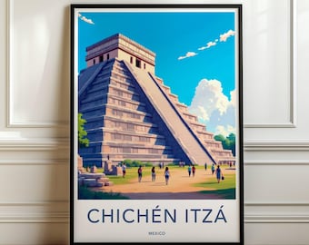 Chichen Itza Mexico Wall Art, Travel Poster, Ancient Mayan Pyramid, Mexican Landmark, Historical Architecture Print Decor