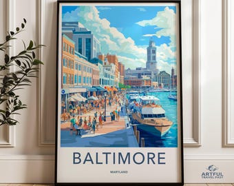 Impresión de arte mural de paisaje urbano de Baltimore, arte del puerto de Maryland, póster de paisaje urbano vibrante, decoración costera del centro, obra de arte náutico