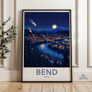 Bend Oregon Nachtszene Wandkunst, Stadtbild Druck, Stadt im Mondlicht mit Fluss, Sternenklare Nacht Poster, Berg Dekor, Kunstwerk für Zuhause