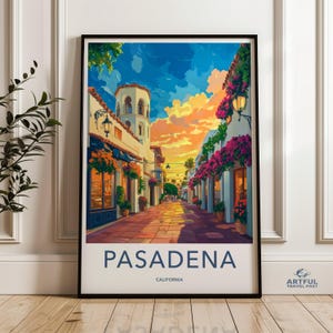 Impression d'art mural Pasadena, affiche californienne vintage, décoration de rue, oeuvre d'art colorée coucher de soleil, décoration d'intérieur, art de voyage rétro