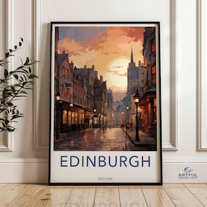 Poster incorniciato di Edimburgo, Scozia, arte del paesaggio urbano storico di Edimburgo, splendida vista al tramonto, decorazione murale culturale scozzese