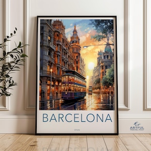 Barcelona wall art, cityscape print, urban decor, travel poster, city prints, European cities art, vintage tram illustration