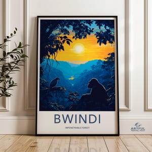 Może przedstawiać: Winietyczny plakat podróżniczy w kolorach niebieskim, żółtym i pomarańczowym. Plakat przedstawia sylwetkę goryla i ptaka w bujnym zielonym lesie. Tekst na plakacie brzmi "BWINDI IMPENETRABLE FOREST".