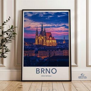 Brno Czech Republic Print, City Skyline Wall Art, European Travel Poster, Gothic Cathedral Artwork, Night Scene Decor