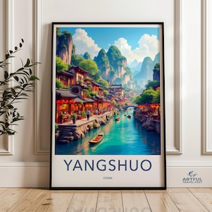Yangshuo China wall art, colorful Chinese landscape print, travel poster, scenic decor, nature art, vibrant home decor, gift idea