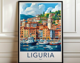 Liguria Italy Coastal Town Wall Art Print, Mediterranean Seaside Artwork, Italian Riviera Decor, Nautical Wall Art, Coastal Poster