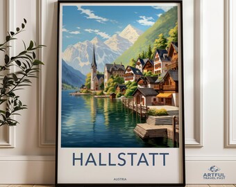 Póster enmarcado de Hallstatt, Austria, arte de pueblo alpino de Hallstatt, arte mural enmarcado de pueblo junto al lago, decoración de pared con paisaje escénico