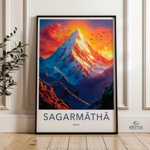 Everest Wandkunst, Berg bei Sonnenuntergang Poster, Nepal Landschaftsdruck, Abenteuer Wohnkultur, Himalaya-Gipfel Malerei, Reiseinspirierte Kunst