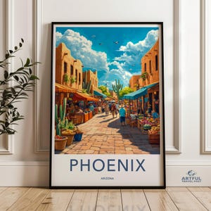 Phoenix Arizona Wall Art, Southwest Desert Scene, Market Place Print, Cactus Art, Travel Poster, Arizona Decor, Desert Wall Art
