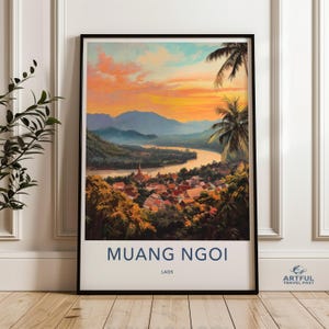 Muang Ngoi Laos Landscape Art Print, Sunset River View Wall Art, Southeast Asia Village Decor, Mountain Scene Home Decor