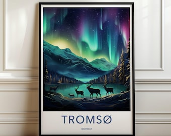 May include: A framed wall art print featuring a landscape of Tromsø, Norway, with silhouettes of four deer standing by a lake under a vibrant green and purple aurora borealis sky, with the text TROMSØ NORWAY printed in blue at the bottom.