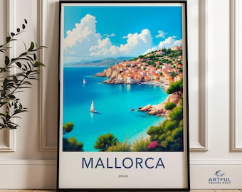 Mallorca Travel Poster, Coastal Wall Art, Beach Print Spain, Mediterranean Coast Artwork, Beautiful Seaside Painting, Travel Wall Art