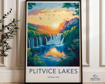 Plitvice Lakes National Park wall art, sunset landscape print, waterfall nature scene, relaxing wall decor, gift for nature lovers