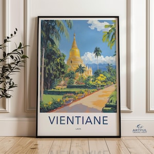 Vientiane Laos Wall Art, Travel Poster Print, Southeast Asia Art, Vintage Style Decor, Beautiful Cityscape Painting