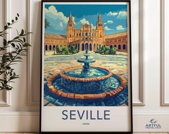 Art mural de Séville, Espagne, affiche de voyage, impression paysage urbain pittoresque, architecture européenne, décoration d'intérieur, décoration de bureau, cadeau artistique