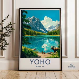 Yoho National Park Wall Art, Canadian Landscape Poster, Mountain Lake Print, Nature Scenery Artwork, Moose in Wilderness Decor