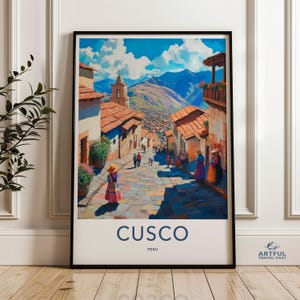 Travel destination wall art, Cusco Peru art print, vintage travel poster, colorful landscape print, travel decor gift