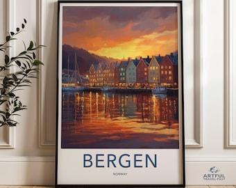 Bergen Norway Sunset Harbor Wall Art, Scandinavian Landscape Print, Colorful Houses Wall Decor, Coastal Artwork, Travel Poster