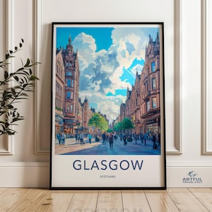 Glasgow Cityscape Wall Art Print, Scotland Travel Poster, Vibrant Downtown Street Scene Artwork, Modern Home Decor, Office Wall Art