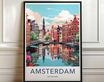 Amsterdam Netherlands Wall Art, Colorful Cityscape Poster, Modern Amsterdam Print, Scenic City Art for Home Decor, Travel Gift
