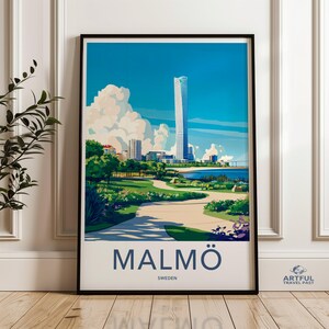 Impressão de arte de parede de Malmo, pôster de paisagem urbana da Suécia, arte de paisagem urbana para decoração de home office, ilustração de viagem escandinava