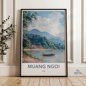 Scenic Muang Ngoi Wall Art, Laos Nature Landscape Print, Serene Riverside Painting, Tranquil Travel Decor for Home