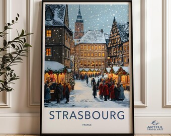 Arte mural de Estrasburgo, impresión de mercado navideño, decoración navideña, póster de un paraíso invernal, escena urbana europea, acogedora calle nevada