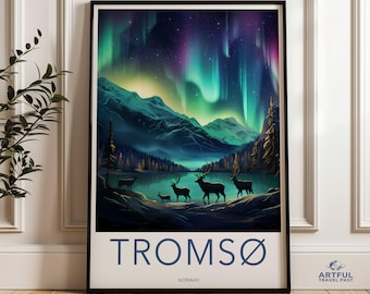 May include: A poster with a dark blue background featuring a scenic landscape with a lake and mountains under a vibrant green and purple aurora borealis. The poster has the text "Tromsø" in a dark blue font and "Norway" in a smaller font below. The poster also has a small logo in the bottom right corner that says "Artful Travel Past".