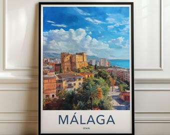 スペイン、マラガのウォールアートプリント、地中海の風景壁飾り、旅行ポスター、海岸沿いの街並み、ホームデコレーション、ギフトアイデア