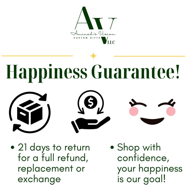 100 percent happiness promise. return the item within 21 days for a full refund, replacement or exchange.